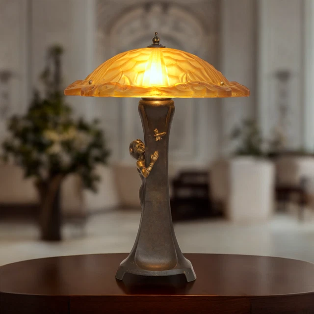 Lampe De Table Art Nouveau Jugendstil - Vrai Laiton Et Verre Mat - Licht-Erlebnisse