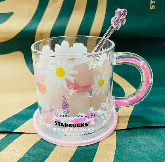 HOT Starbucks Japanese Cherry Blossom Daisy Glass Cup Coffee Mugs W/ Coaster rod