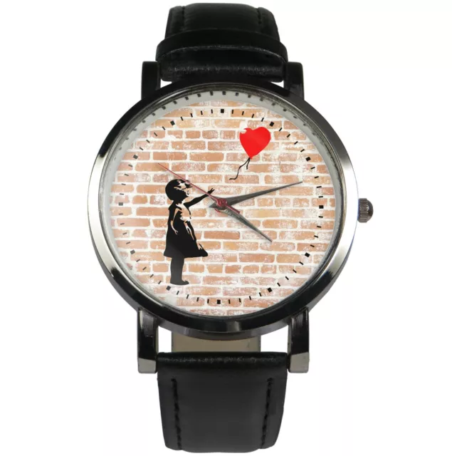 Banksy girl with ballon wristwatch design. Unique famous graffiti art watch