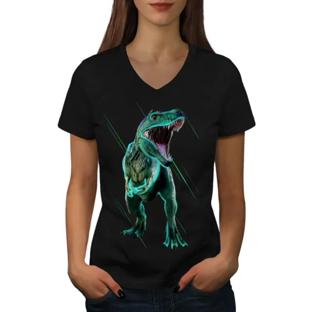 Maglietta Wellcoda Jurassic TRex Dinosaur Donna Collo a V, Art Graphic Design