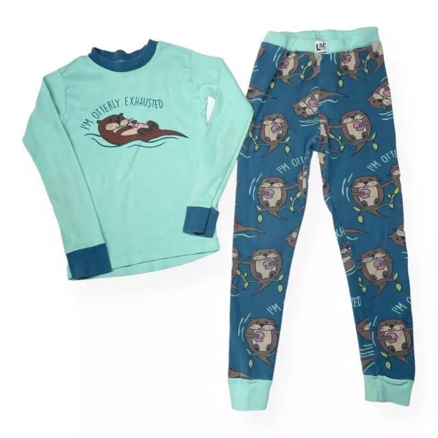 Lazy One Otterly Exhausted Otter Print Pajama Set Kids 6 Teal Green 100% Cotton