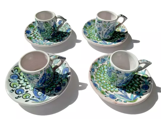 Set of four Greek Demitasse cups and saucers by Ikaros Pottery, Rhodes Greece