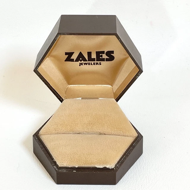 Vintage Zales Jewelry Ring Box Plastic Brown Hexagon Velvet Satin Lining 1971