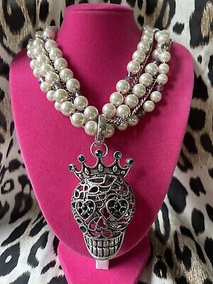 Betsey Johnson Torsade Enhancers HUGE Silver Sugar Skull Crown Pearl Necklace