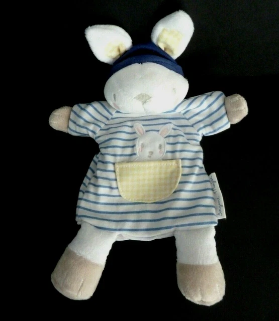 42. Doudou Marionnette Sergent Major Lapin Bleu Raye Blanc Poche Jaune 100% Neuf