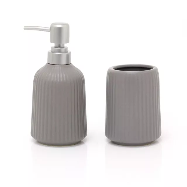 Grey Ceramic Toothbrush Holder & Soap Dispenser | 2 Piece Bathroom Accessory Set