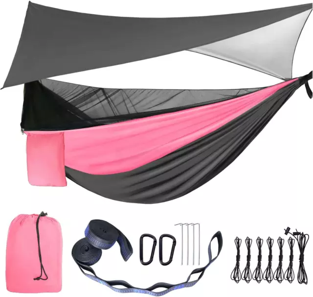 Camping Hammock Pink Grey Hammocks with Mosquito Net Tent and Rain Fly Tarp Port