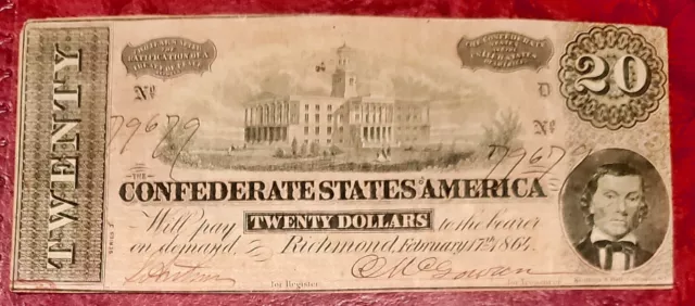 1864 $20 Confederate Civil War Currency~ Capitol At Nashville ~ Nice Xf/Au Note