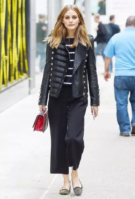 New Olivia Palermo Napoleon Military Style Black Women Leather Jacket - BNWT