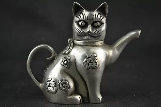 Chinese Collectible Decorate Handwork Old Tibet silver carving cat Lucky tea pot