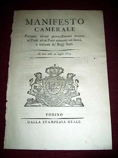 Regno Sardegna Torino Manifesto Camerale provvedimenti Ponti Porti Fiumi 1814