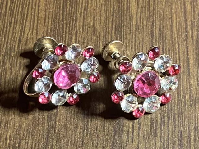 Vintage Gold Tone Pink & Clear Rhinestone Clip Earrings 3/4"