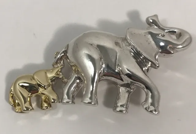 Elephants Brooch Lapel Pin Mother and Calf Baby 2-Tone Gold & Silver Color
