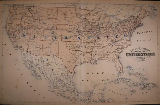 Old Dated 1873 (Lg 17"x28") Topographical Map of the UNITED STATES & MEXICO