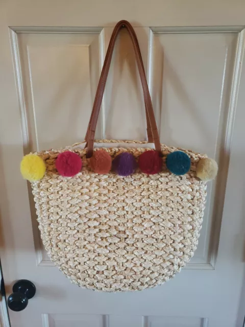 Woven Straw Bucket Tote Boho POM POMS Lined Drawstring Market Bag Imoshion USA