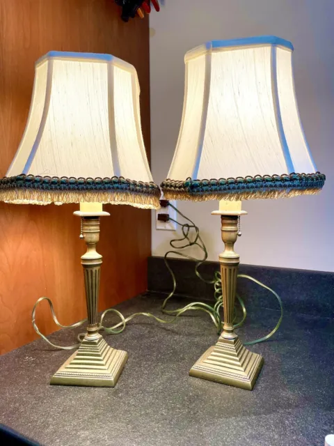 Pair Antique Solid Brass Candlestick Table Lamps 2