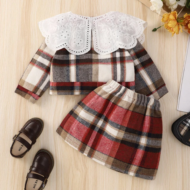 Set abiti a scacchi per bambine maniche lunghe top gonna abiti 0-6T 3