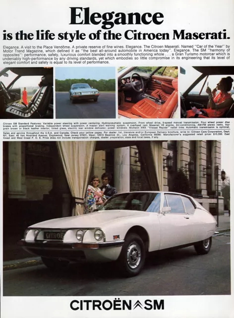 1974 Citroen Maserati SM "Elegance" Original Color Print Ad