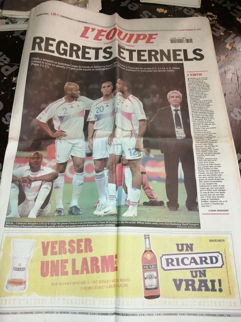 FOOTBALL L'EQUIPE 10 Juillet 2006 Finale Coupe Du Monde Zidane Italie