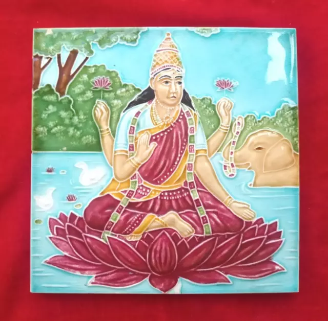1 Piece Old Art God Laxmi Ji Design Embossed Majolica Ceramic Tiles Japan 0391