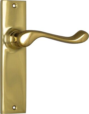 pair of polished brass fremantle lever door handles and backplates,150 x 35 mm