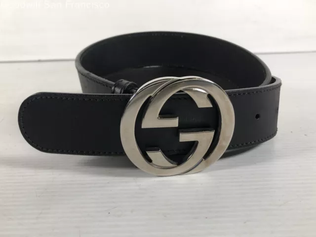 Gucci Mens Black Leather Italy Interlocking G Adjustable Waist Buckle Belt COA
