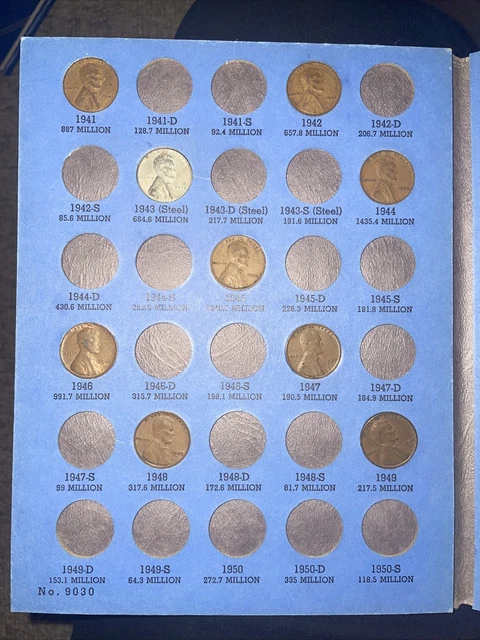 InComplete Lincoln Head Wheat Cent Set  1909-1940 in Vintage Whitman Folder