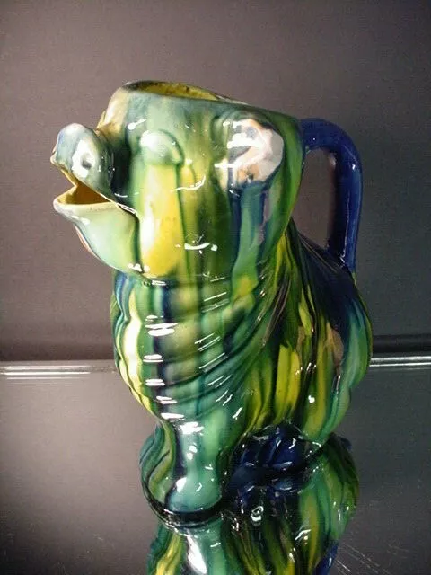 Whimsical Folk Art Pottery 3Color Majolica Pig Handled Milk Pitcher Drip Glaze