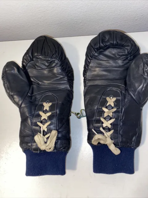 Vintage 70s Womens Grandoe Black Blue Lace Up Leather Ski Gloves Sz Large Rare! 2