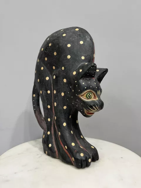 Hand Carved Wood Polka Dot Black Scaredy Cat Arched Back Figurine Made in Mexico