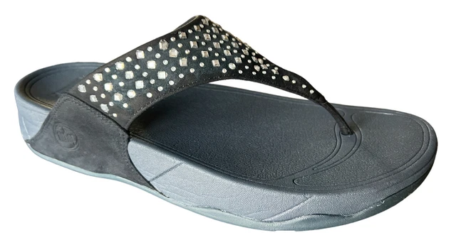 FitFlop Lulu Women’s T-Strap Wedge Sandals - Dark Blue Rhinestones Comfort 10