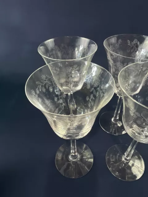 6 Mid-Century Modern clear glass water goblets with floral etching c.1950-60s 2