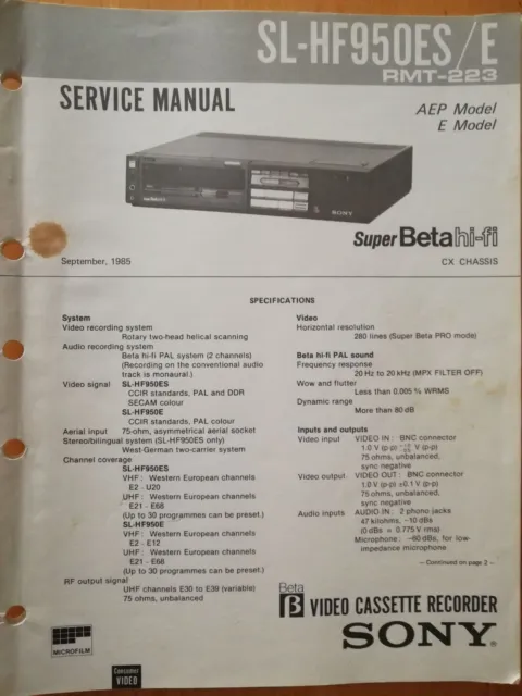 Sony SL-HF950 + SL-HF100 + Supplement, PCM-501ES Service Manual Handbuch Betamax