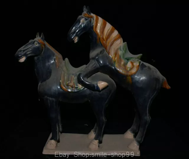 18" Old Chinese Tang Sancai Ceramics Pottery Dynasty Stallion 2 Horse Statue