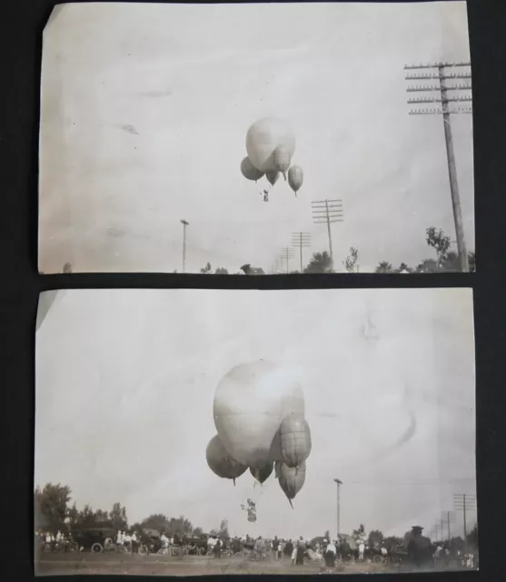 Vtg 1900s 10s HOT AIR BALLOON RIDE B&W Sepia Ballooning Pioneer Photograph Crowd