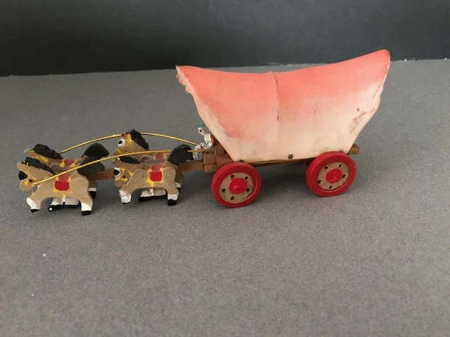 Vintage "PRAIRIE COVERED CONESTOGA WESTERN WAGON & HORSES" WOODEN TOY, JAPAN
