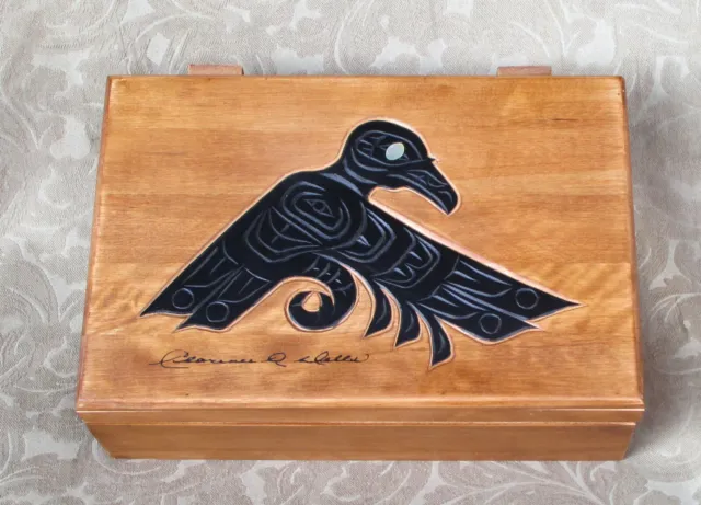 Vintage Clarence Wells West Coast Haida Eagle Carved Wood Abalone Storage Box