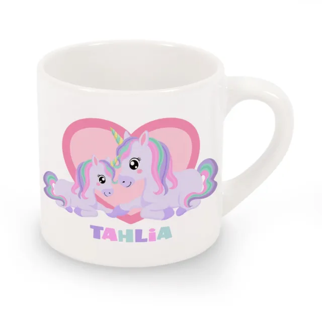 Taza personalizada para unicornio (lila) para niños, elección de cerámica o taza irrompible