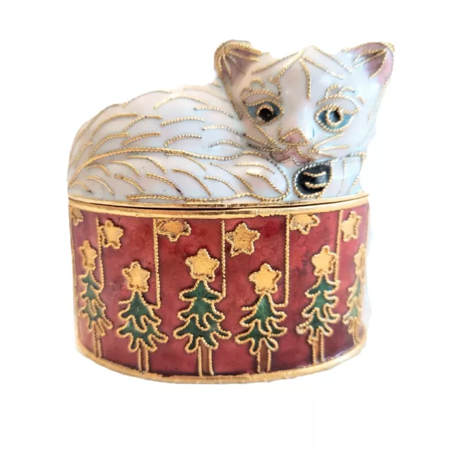 Cloisonne Cat Trinket Box Ceramic White Gold Twisted Wire Christmas Red Trees