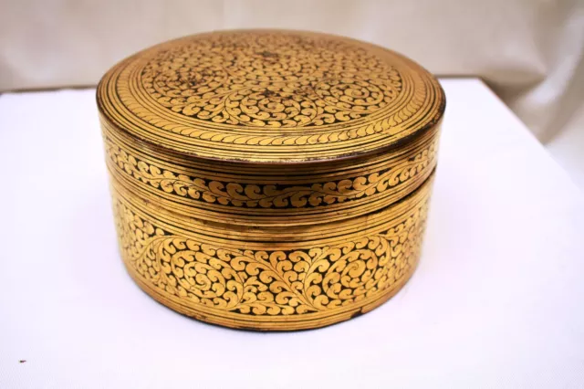 Antique Burmese Betel Nut Box Gilt Lacquerware Myanmar Floral Gold Painted Old"5 5