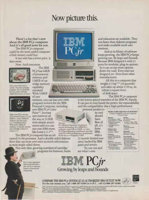 1984 IBM PC jr Vtg Computer Tech Charlie Chaplin Vintage Print Ad Lot of 2 VG