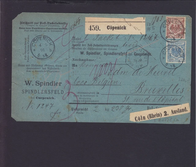 DR Krone/Adler Mi.-Nr. 47b+48b+50IId Paketkarte Cöpenick nach Brüssel gepr. BPP