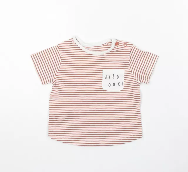 TU Boys White Striped Cotton Basic T-Shirt Size 6-9 Months Round Neck Snap - Wil
