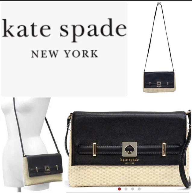 Kate Spade crossbody purse bag black leather cream tan straw weave tote clutch