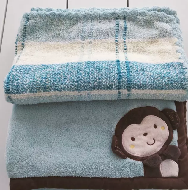 Blue Fleece Baby Blankets x 2 Satin Trim Bear Stripe Cot Crib Blanket Soft Warm