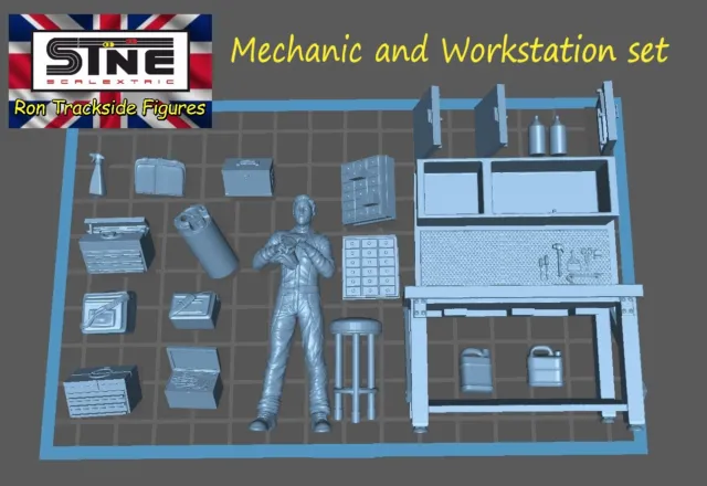 Scalextric Figures, Slot car Figures,3d Print Figures. Mechanic and Workstation