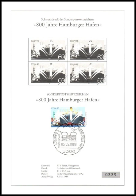 BRD Schwarzdruck Ersttagsblatt 800 J. Hamburger Hafen 1989  Mi.Nr.1419