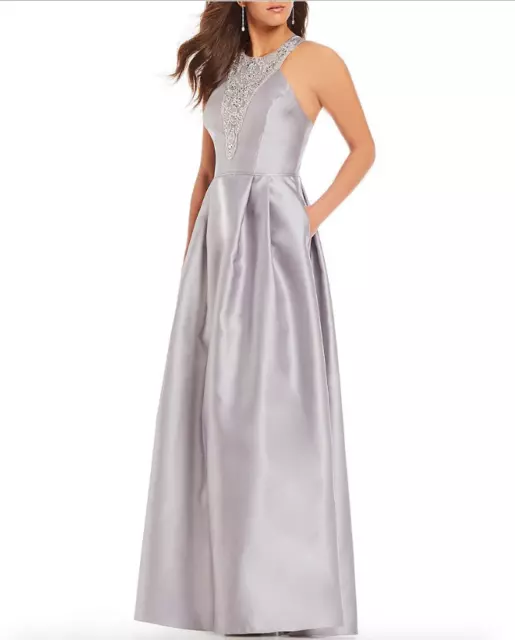 Adrianna Papell Mikado Beaded Halter BALL Gown Silver sz 8   POCKETS FORMAL