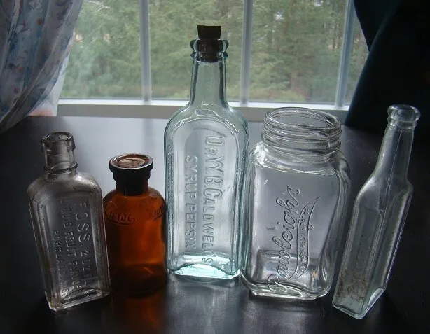 Antique Five Piece Embossed Mixed Medicine Bottle Lot