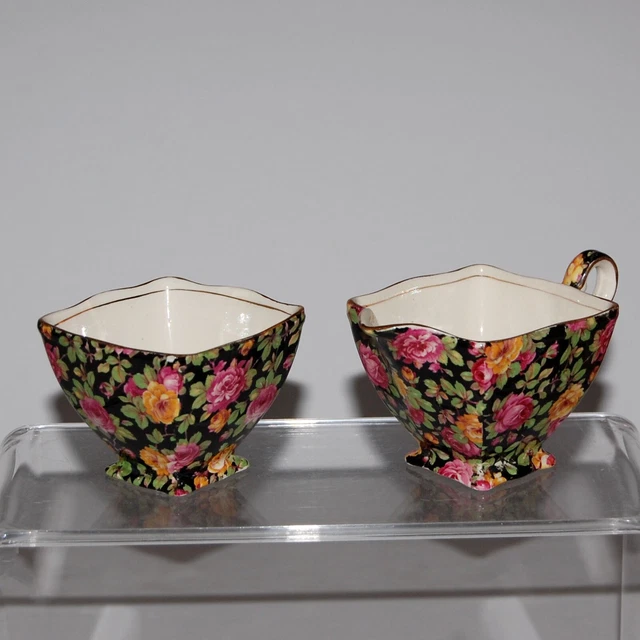 Royal Winton Grimwades 1930's BEESTON Black Chintz Open Ascot Cream & Sugar